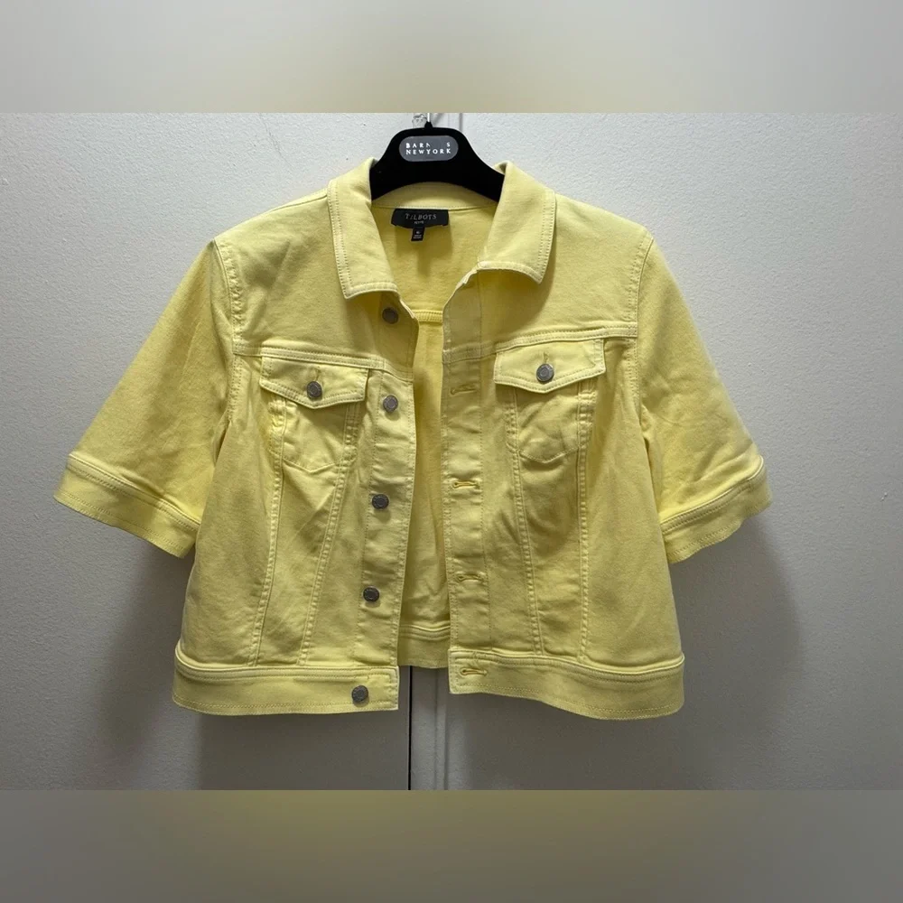 Talbots SHORT SLEEVE Cropped JEAN JACKET - DAISY Medium Butter Yellow - Picture 3 of 6